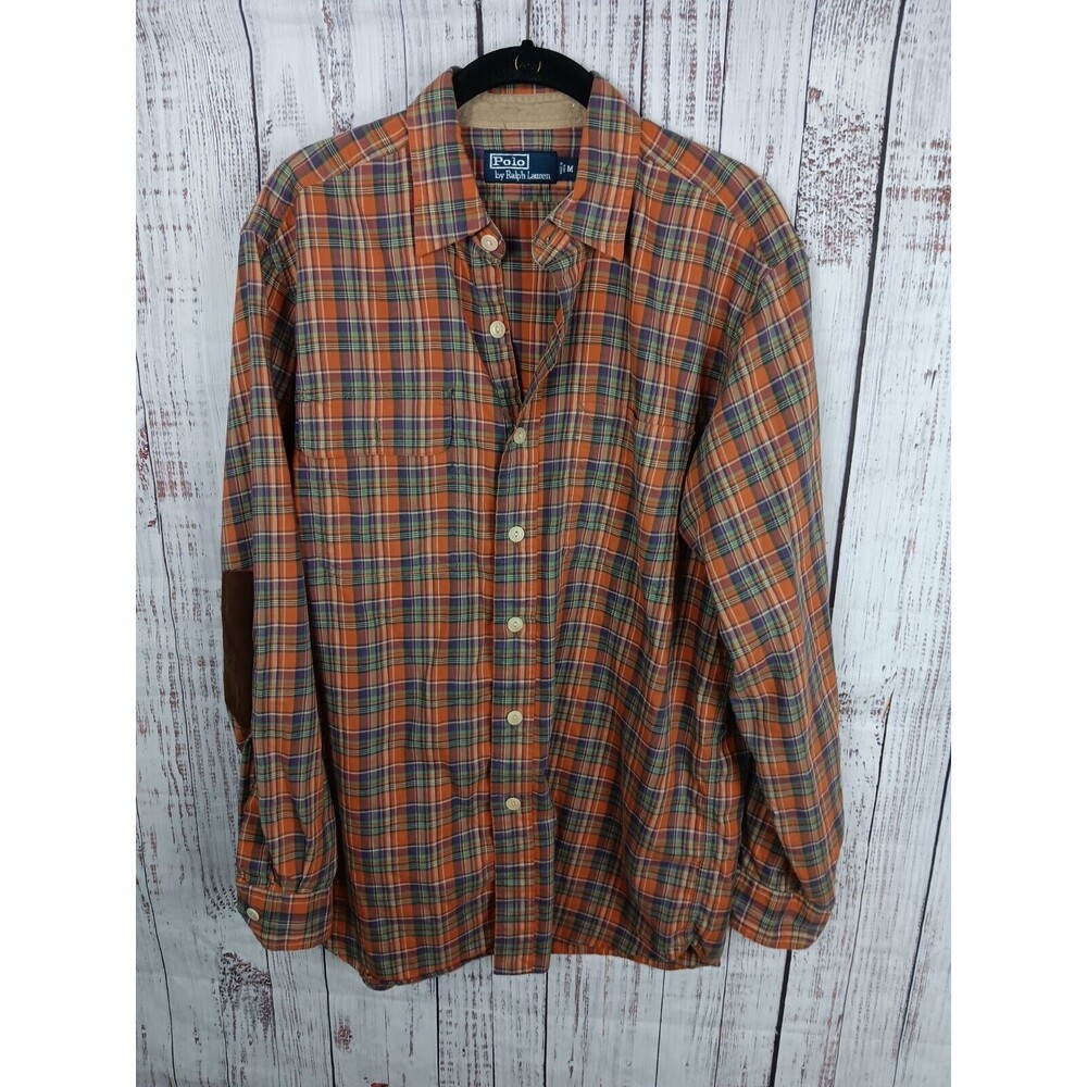 Polo Ralph Lauren Plaid Shirt Men's Medium Button Up Elbow Patches Long Sleeve